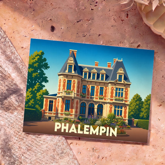 Carte postale souvenir de la ville de Phalempin représentant une demeure bourgeoise illustrée dans un style rétro.