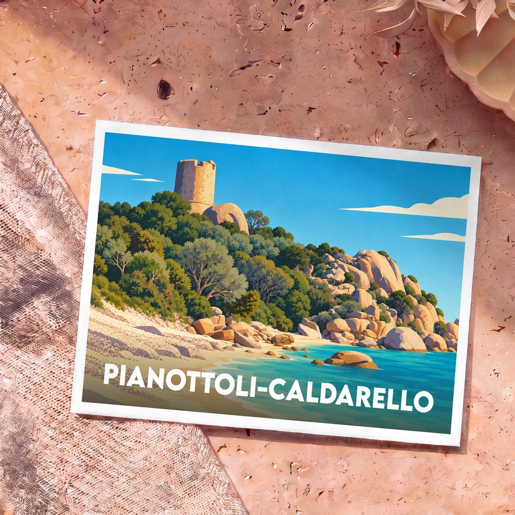 Carte postale souvenir de la ville de Pianottoli-Caldarello avec une illustration stylisée d'une tour génoise surplombant une plage.