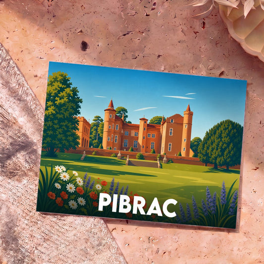 Carte postale souvenir de la ville de Pibrac avec une illustration stylisée de son château.