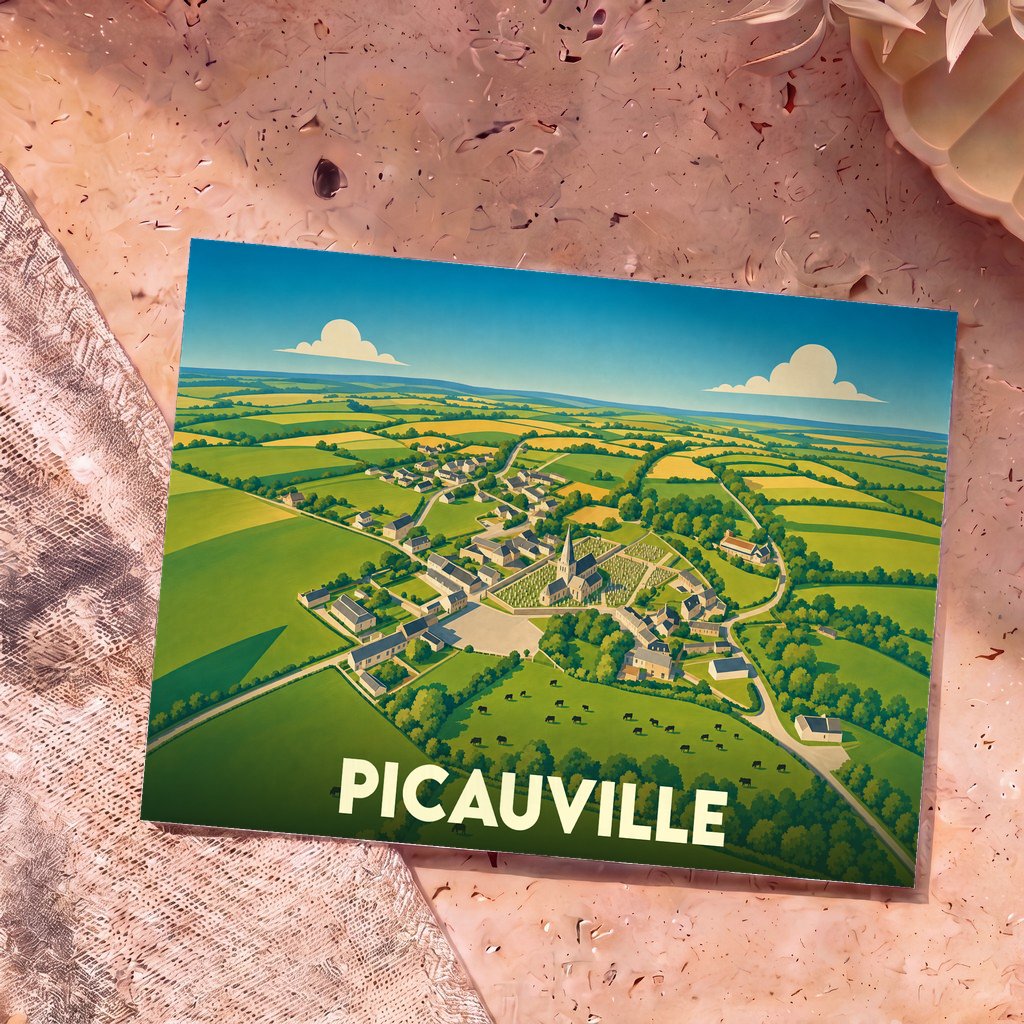 Carte postale souvenir de la ville de Picauville avec une illustration aérienne et colorée de la commune.
