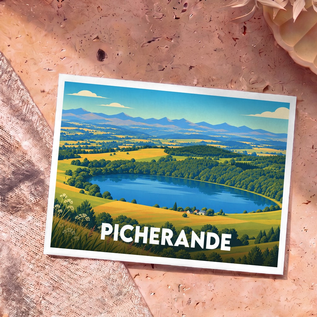 Carte postale souvenir de la ville de Picherande arborant une illustration stylisée d'un lac entouré de collines et de montagnes.