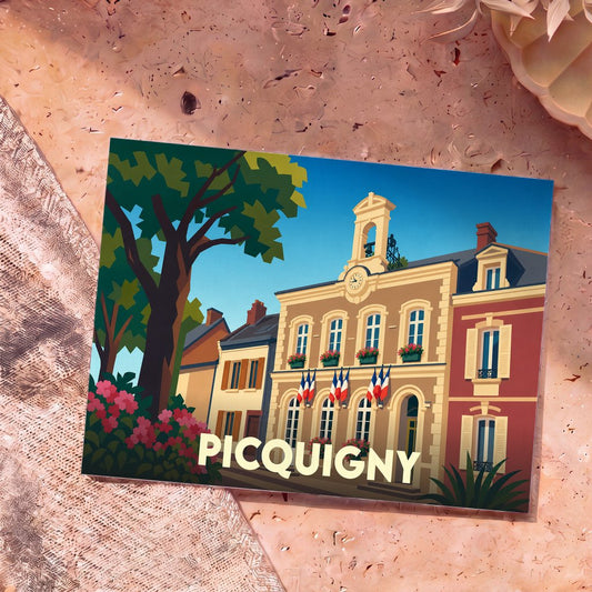 Carte postale souvenir de la ville de Picquigny avec une illustration stylisée de sa mairie.