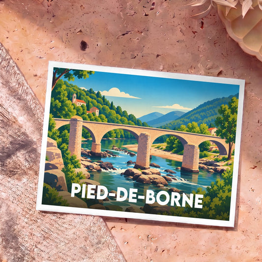 Carte postale souvenir de la ville de Pied-de-Borne illustrant son pont historique enjambant la rivière dans un style graphique épuré.