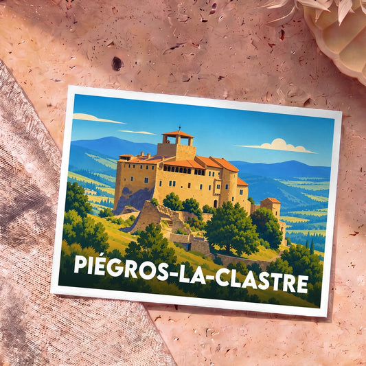 Carte postale souvenir de la ville de Piégros-la-Clastre avec une illustration stylisée de son château perché.