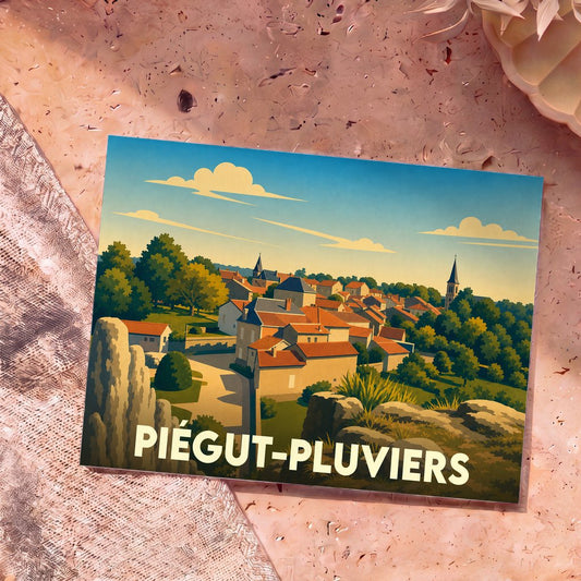 Carte postale souvenir de la ville de Piégut-Pluviers avec une illustration stylisée.