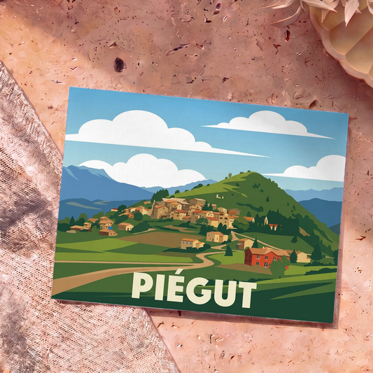 Carte postale souvenir de la ville de Piégut avec une illustration stylisée de son paysage vallonné.