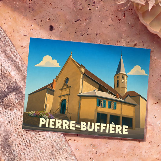 Carte postale souvenir de la ville de Pierre-Buffière avec une illustration stylisée de son église.