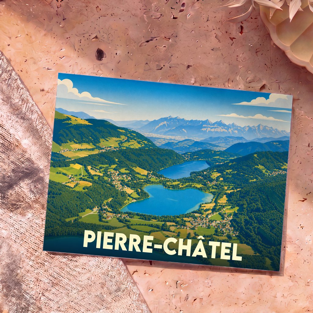 Carte postale souvenir de Pierre-Châtel illustrant ses lacs et montagnes dans un style vintage.