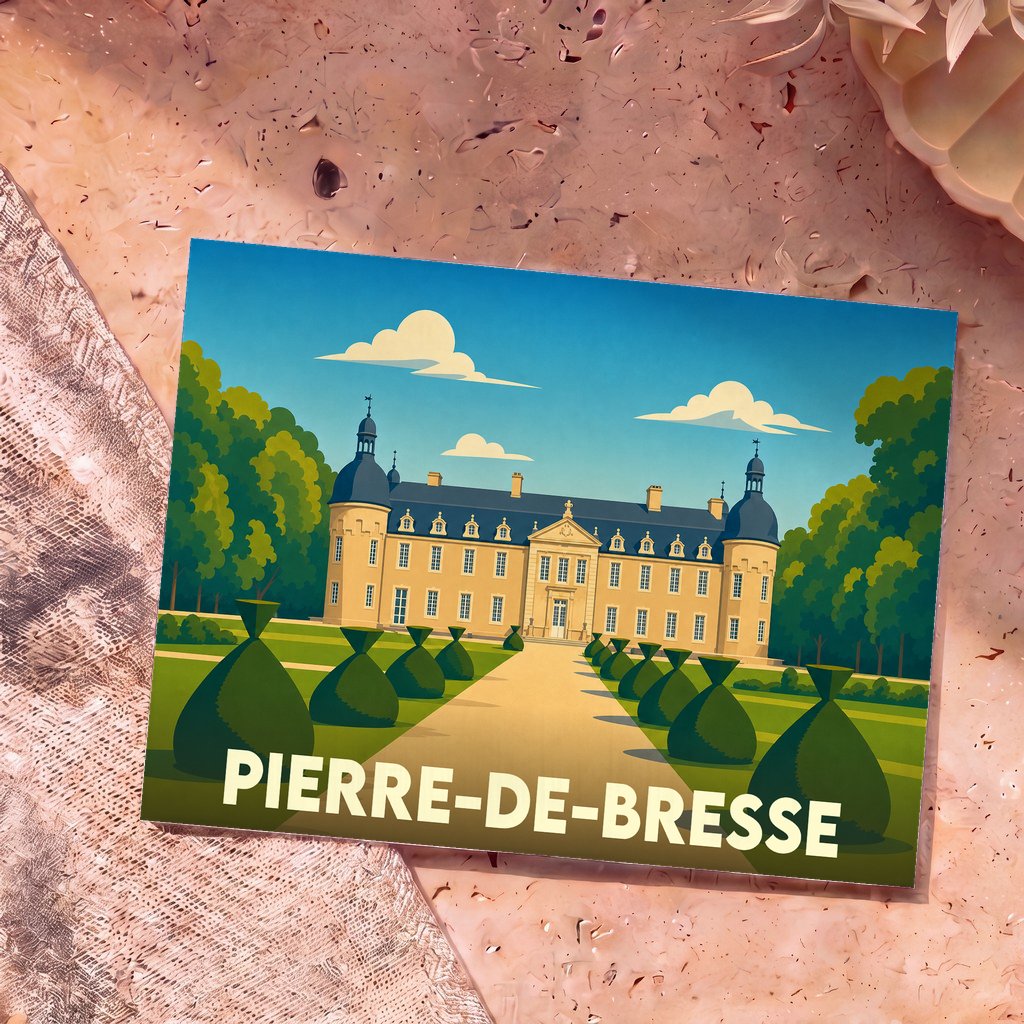 Carte postale souvenir de la ville de Pierre-de-Bresse avec une illustration stylisée de son château.