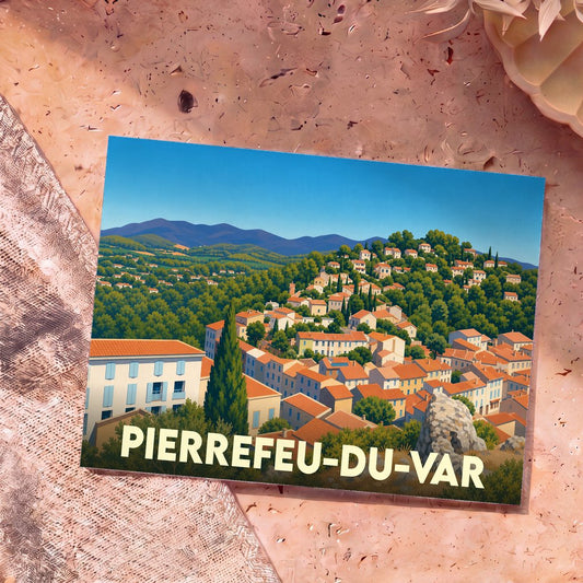 Carte postale souvenir de Pierrefeu-du-Var avec une illustration stylisée du village provençal et de ses collines.