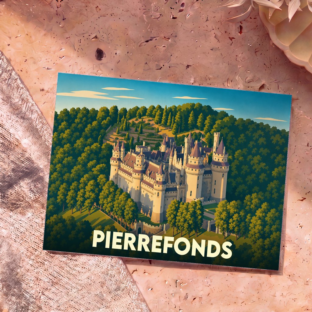 Carte postale souvenir de la ville de Pierrefonds avec une illustration stylisée de son château niché au cœur d'une forêt.