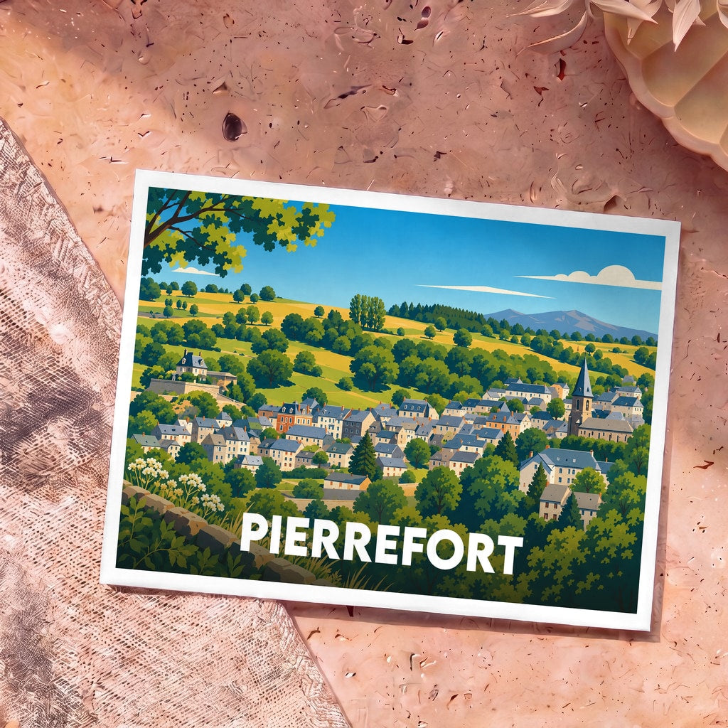 Carte postale souvenir de la ville de Pierrefort avec une illustration stylisée de ses maisons et collines verdoyantes.