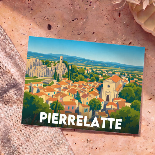 Carte postale souvenir de la ville de Pierrelatte avec une illustration stylisée.
