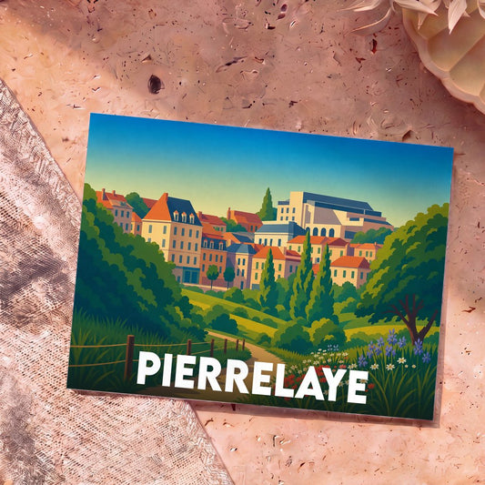 Carte postale souvenir de la ville de Pierrelaye avec une illustration stylisée et colorée de ses paysages.