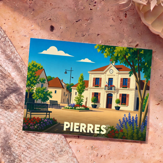 Carte postale souvenir de la ville de Pierres avec une illustration colorée et stylisée de sa place principale.