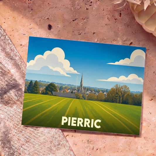 Carte postale souvenir de la ville de Pierric avec une illustration stylisée de son clocher et de sa campagne environnante.
