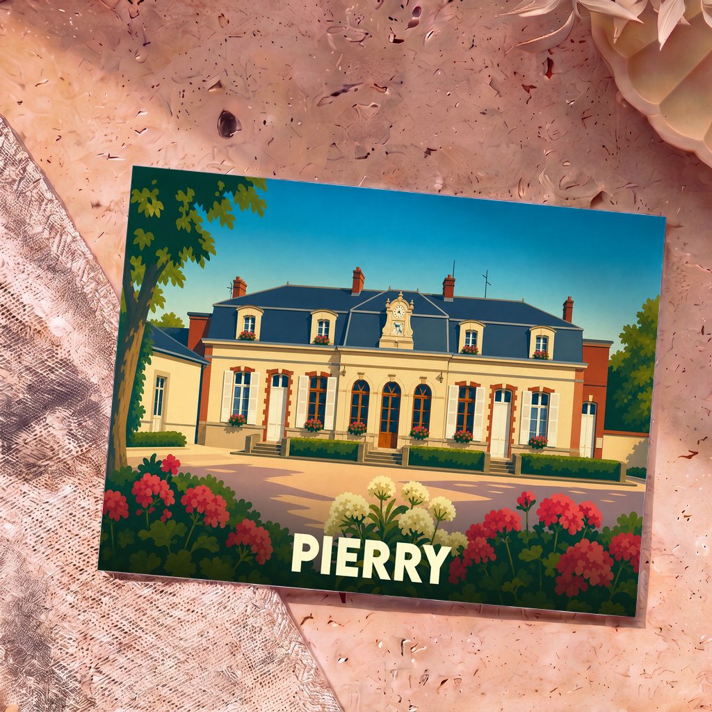 Carte postale souvenir de la ville de Pierry illustrant une demeure historique dans un style rétro et fleuri.
