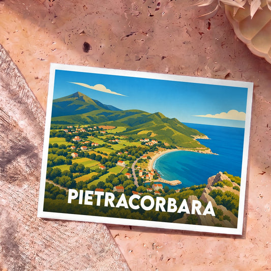 Carte postale souvenir de la ville de Pietracorbara avec une illustration stylisée d'un paysage côtier corse.