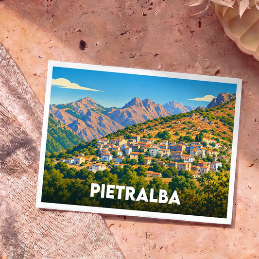 Carte postale souvenir de la ville de Pietralba avec une illustration stylisée d'un village de montagne.