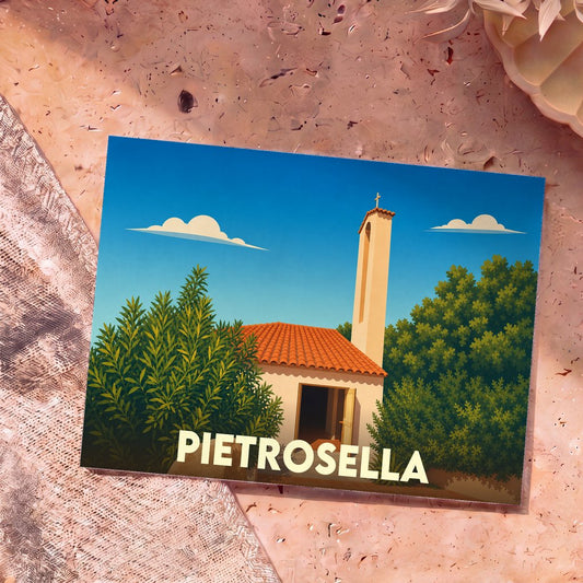 Carte postale souvenir de la ville de Pietrosella avec une illustration stylisée de son église entourée de verdure.