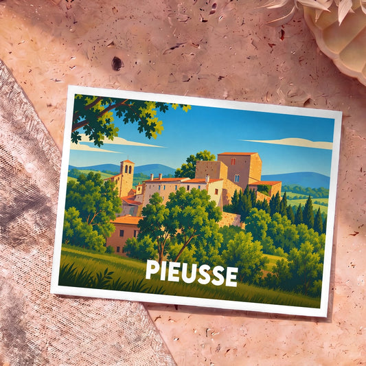 Carte postale souvenir de la ville de Pieusse avec une illustration stylisée de son château et de son paysage vallonné.