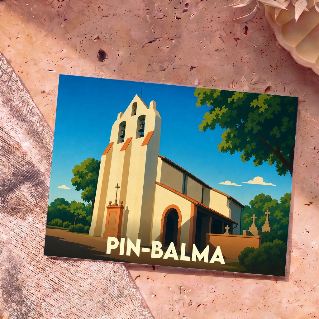 Carte postale souvenir de la ville de Pin-Balma avec une illustration stylisée de son église sous un ciel bleu.