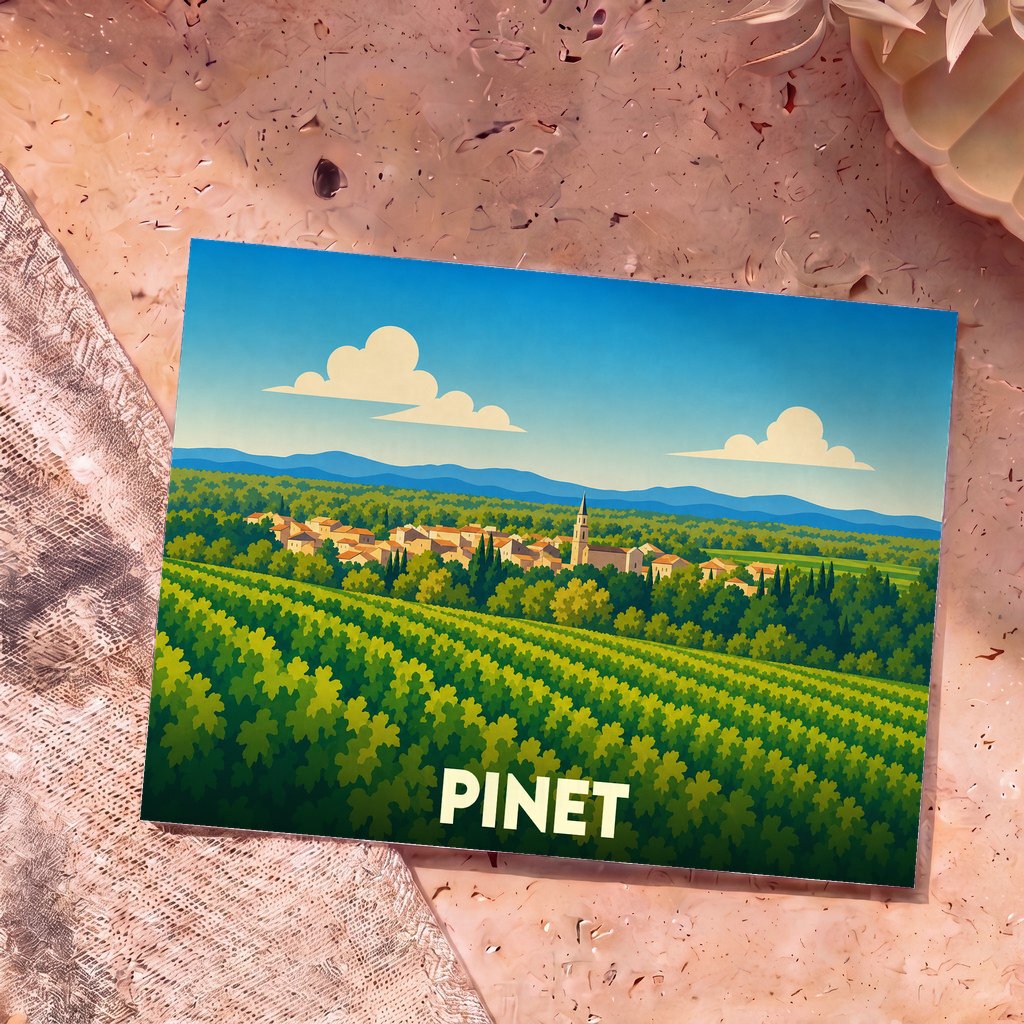 Carte postale souvenir de la ville de Pinet illustrant un vignoble ensoleillé et un village pittoresque.