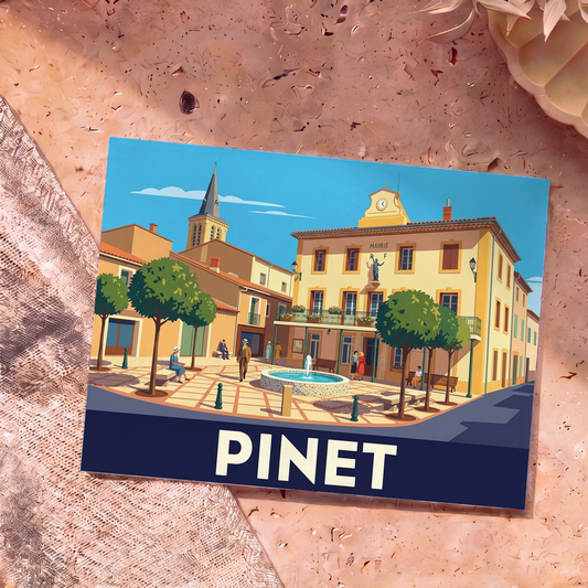 Carte postale souvenir de la ville de Pinet avec une illustration stylisée de sa place principale.