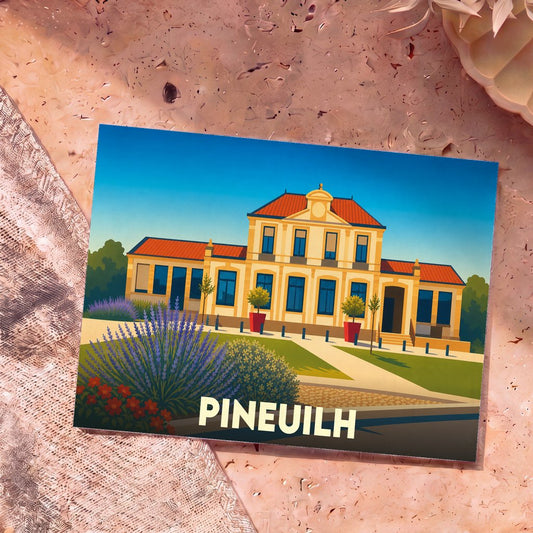Carte postale souvenir de la ville de Pineuilh avec une illustration stylisée de sa mairie.