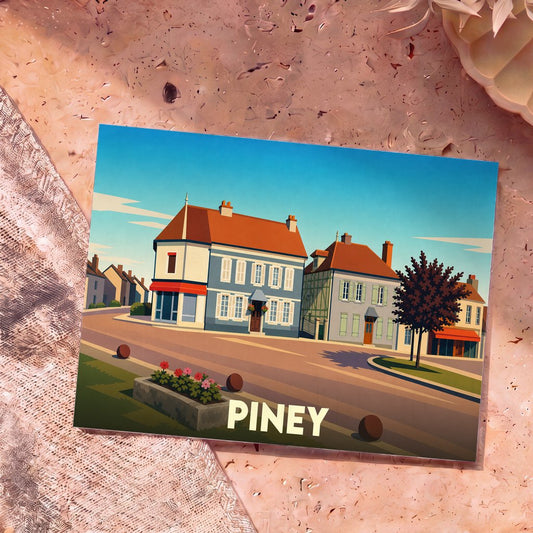 Carte postale souvenir de la ville de Piney avec une illustration stylisée de ses maisons colorées.