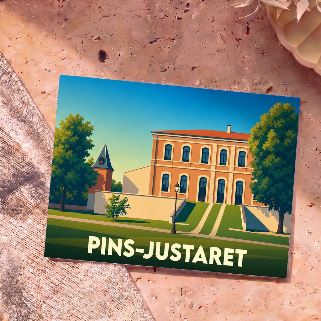 Carte postale souvenir de la ville de Pins-Justaret avec une illustration stylisée de son patrimoine.