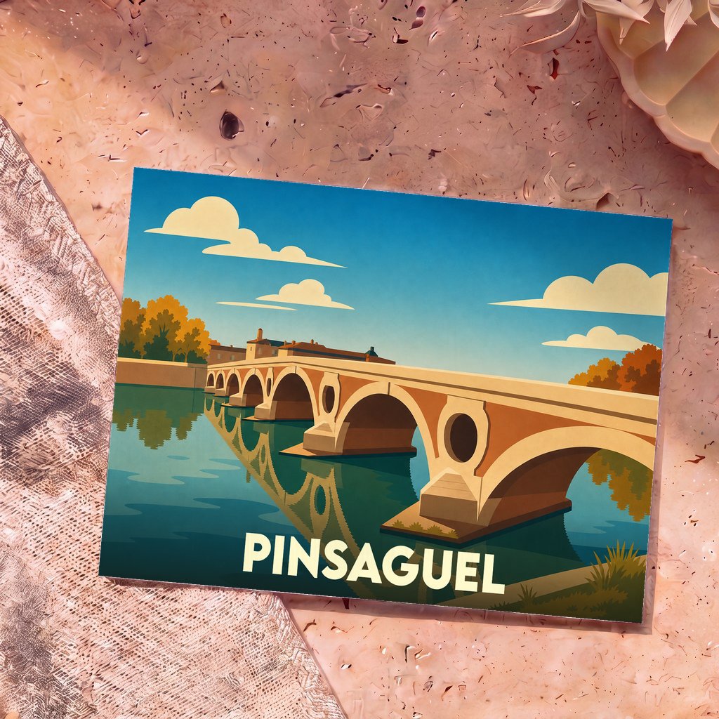 Carte postale souvenir de la ville de Pinsaguel présentant une illustration stylisée de son pont historique.