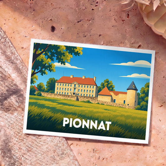Carte postale souvenir de la ville de Pionnat avec une illustration stylisée de son château.