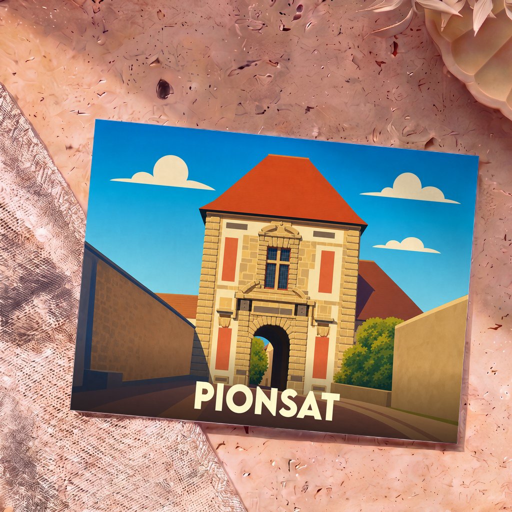 Carte postale souvenir de la ville de Pionsat avec une illustration stylisée de son château.