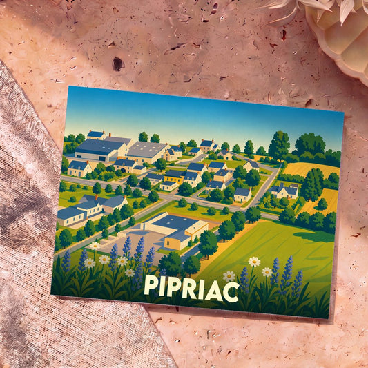 Carte postale souvenir de la ville de Pipriac avec une illustration stylisée et colorée de la commune.