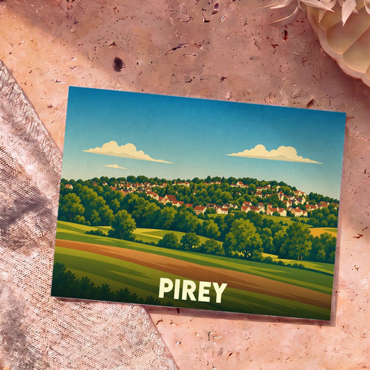 Carte postale souvenir de la ville de Pirey avec une illustration stylisée de son paysage vallonné.