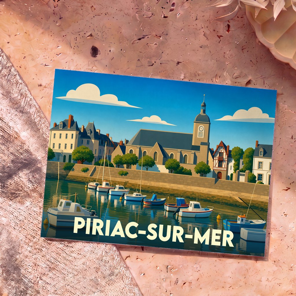 Carte postale souvenir de la ville de Piriac-sur-Mer avec une illustration stylisée de son port et de son église.