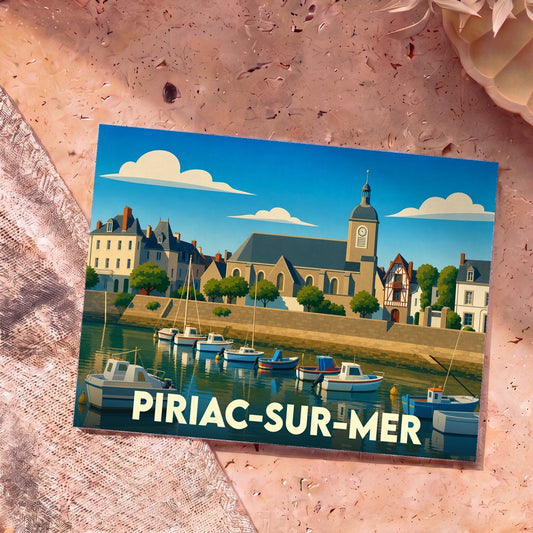 Carte postale souvenir de la ville de Piriac-sur-Mer avec une illustration stylisée de son port et de son église.