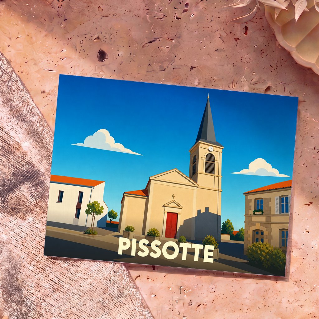 Carte postale souvenir de la ville de Pissotte arborant une illustration stylisée de son église sous un ciel bleu.