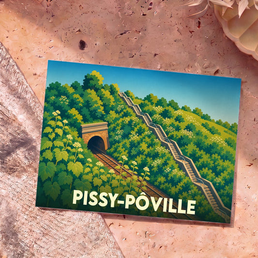 Carte postale souvenir de la ville de Pissy-Pôville avec une illustration stylisée d'un tunnel ferroviaire et d'un long escalier dans une colline verdoyante.