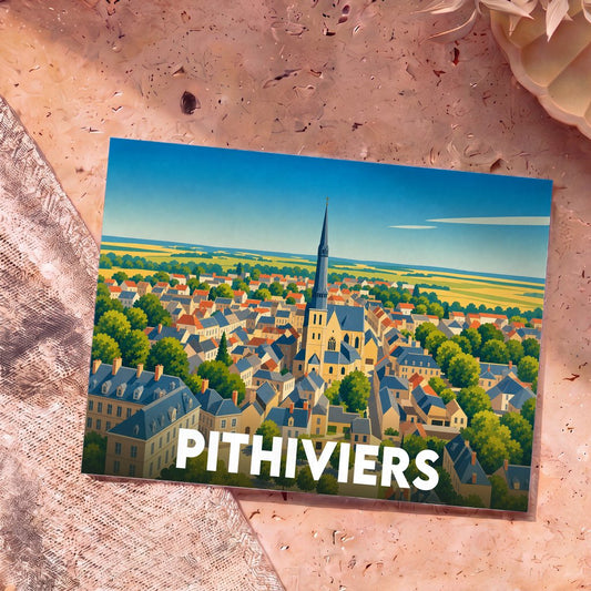 Carte postale souvenir de la ville de Pithiviers avec une illustration stylisée d'une vue aérienne.