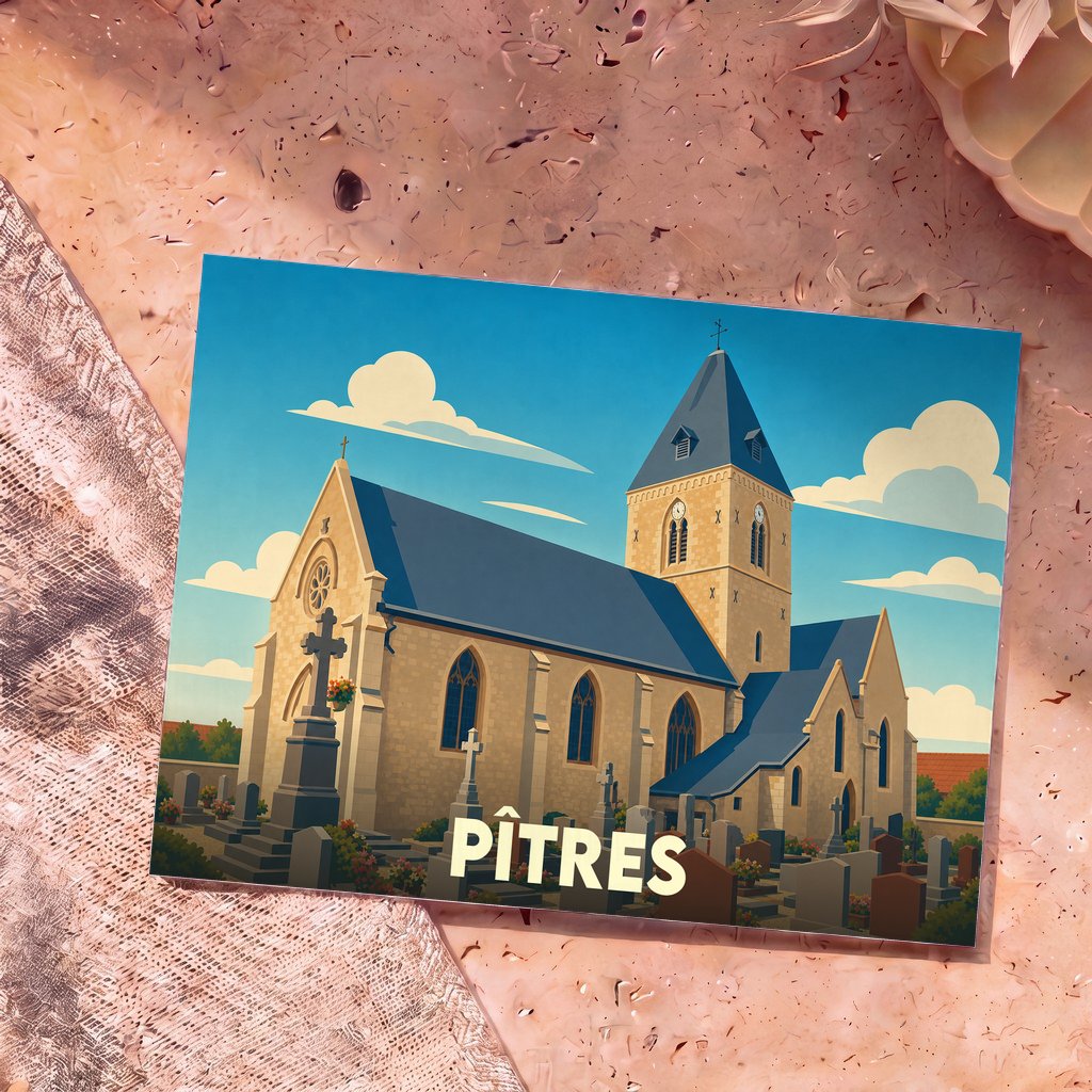 Carte postale souvenir de la ville de Pîtres avec une illustration stylisée de son église et de son cimetière.