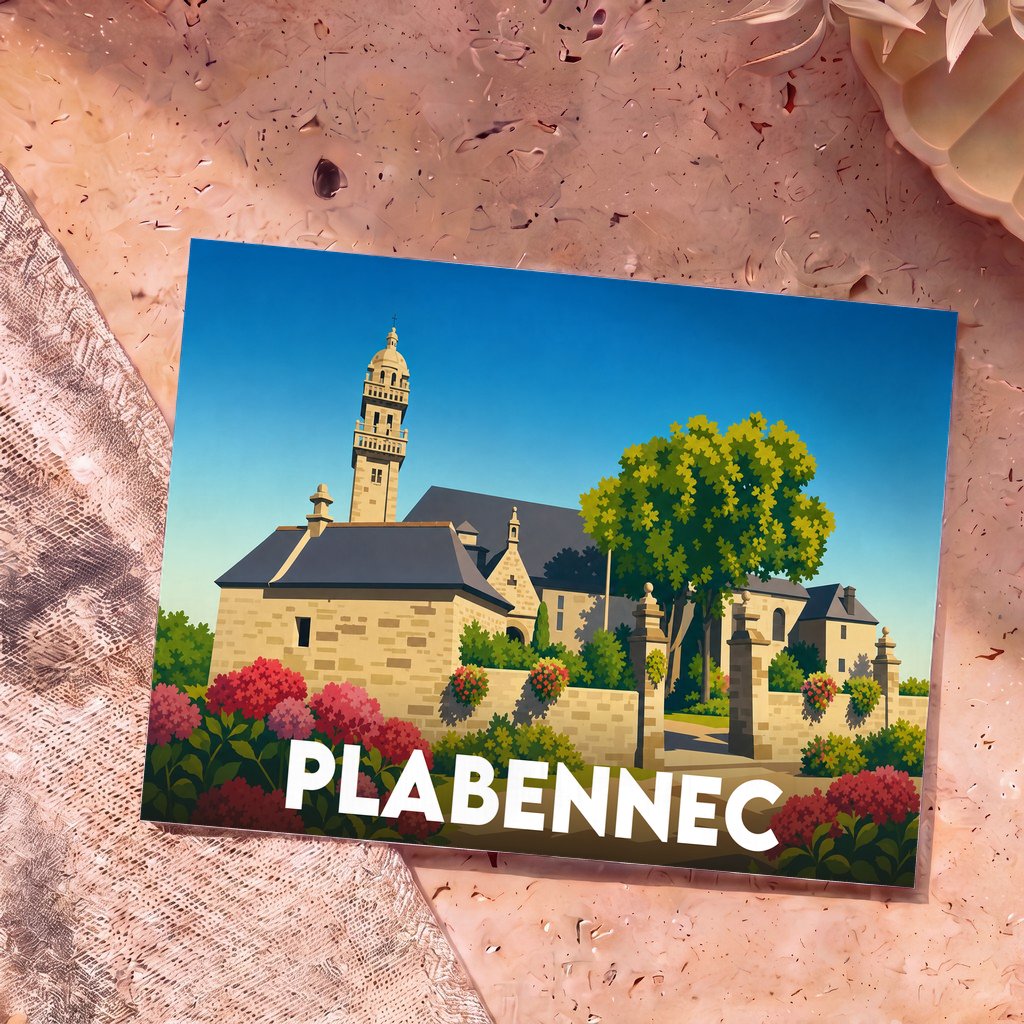 Carte postale souvenir de la ville de Plabennec avec une illustration stylisée de son église et de jardins fleuris.