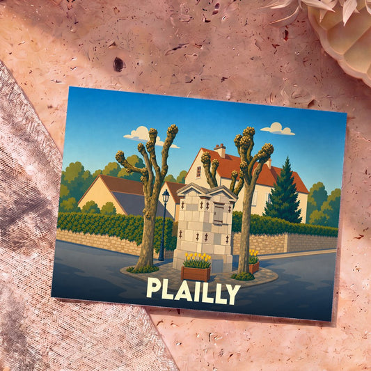 Carte postale souvenir de la ville de Plailly avec une illustration stylisée de son patrimoine.