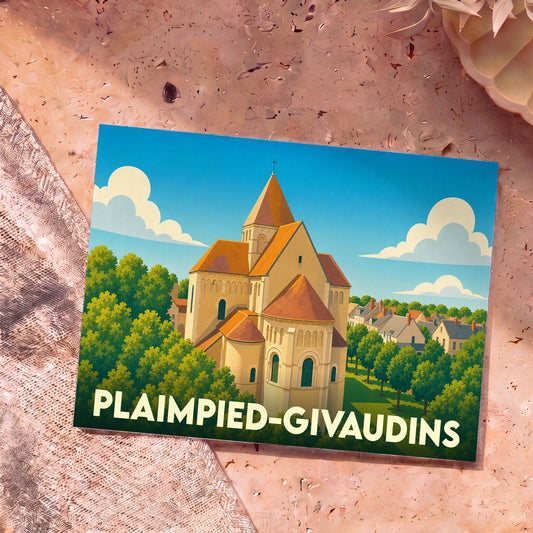 Carte postale souvenir de la ville de Plaimpied-Givaudins avec une illustration stylisée de son église abbatiale.