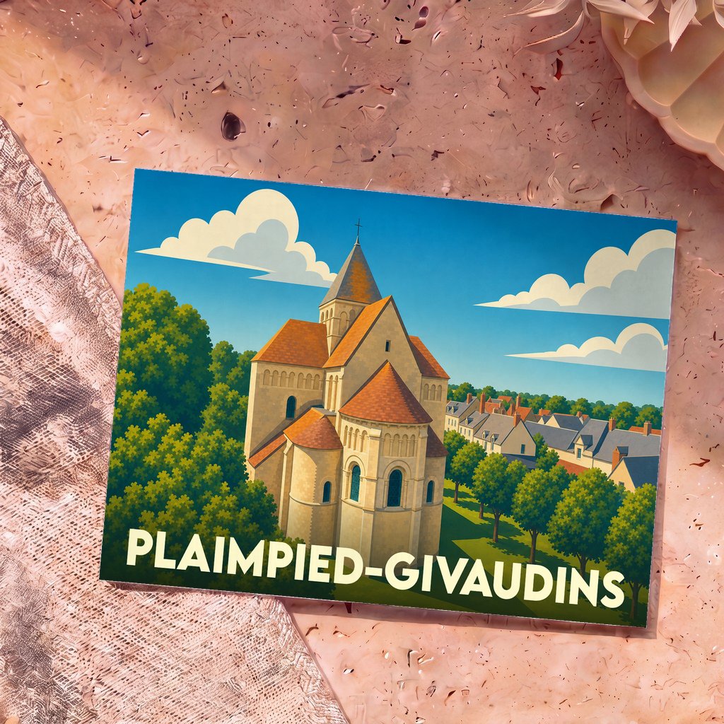 Carte postale souvenir de la ville de Plaimpied-Givaudins avec une illustration stylisée de son église abbatiale.