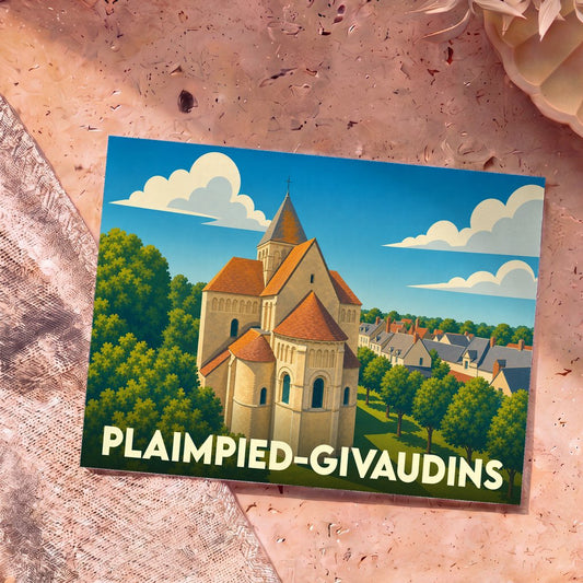 Carte postale souvenir de la ville de Plaimpied-Givaudins avec une illustration stylisée de son église abbatiale.