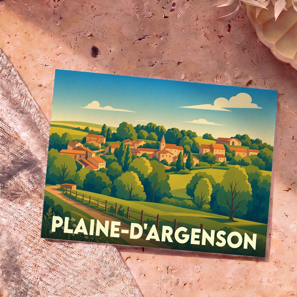 Carte postale souvenir de Plaine-d'Argenson représentant un paysage de village vallonné dans un style graphique rétro.