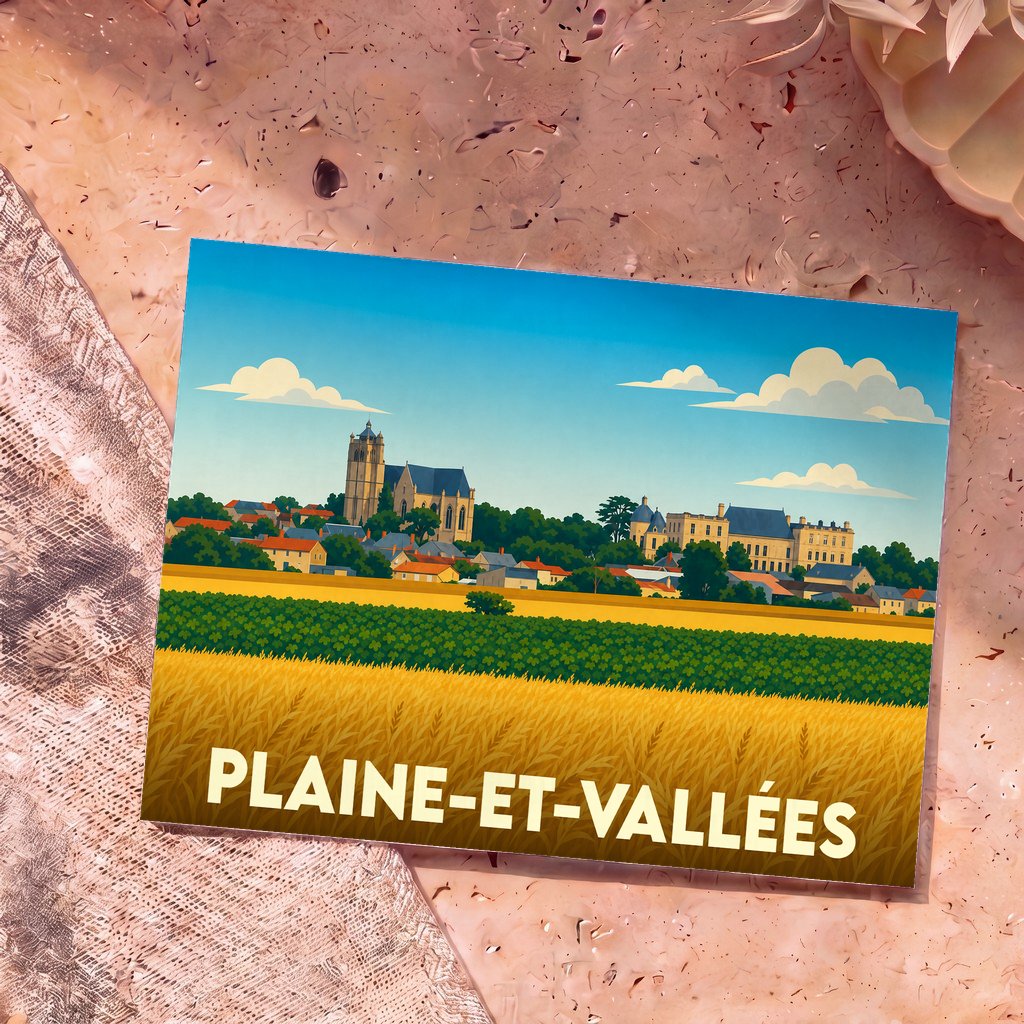 Carte postale souvenir de la ville de Plaine-et-Vallées avec une illustration stylisée.