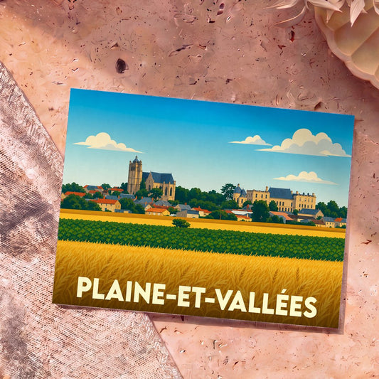 Carte postale souvenir de la ville de Plaine-et-Vallées avec une illustration stylisée.